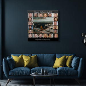 Quadratische Collage „Unser Unternehmen“ mit grossem Foto in der Mitte