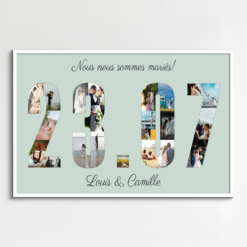 Collage Mariage sur Toile - Date et Noms personnalisés