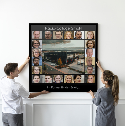 Quadratische Collage „Unser Unternehmen“ mit grossem Foto in der Mitte
