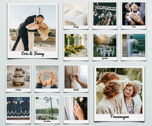 Fotocollage als kreative Idee zur Hochzeit mit beschrifteten Polaroid Bildern