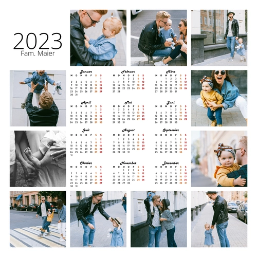 Fotocollage mit Kalender fuer das Jahr 2023 in der Mitte